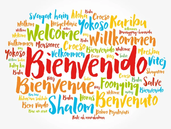 Bienvenido Ласкаво Просимо Іспанською Хмара Слів Різними Мовами Концептуальне Тло — стоковий вектор