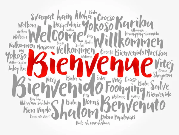 Bienvenue Bienvenido Francés Nube Palabras Diferentes Idiomas Fondo Conceptual — Vector de stock