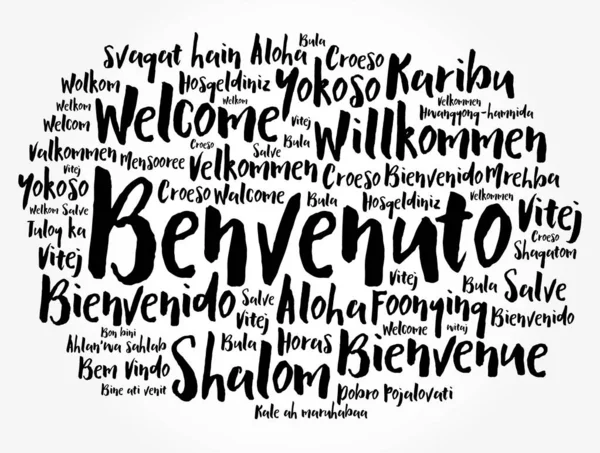 Benvenuto Bienvenue Italien Nuage Mots Dans Différentes Langues Contexte Conceptuel — Image vectorielle