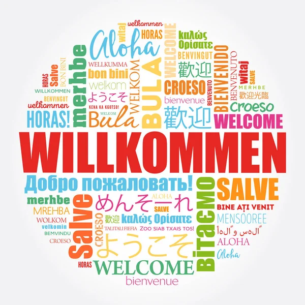 Willkommen Welcome Németül Szófelhő Különböző Nyelveken Fogalmi Háttér — Stock Vector