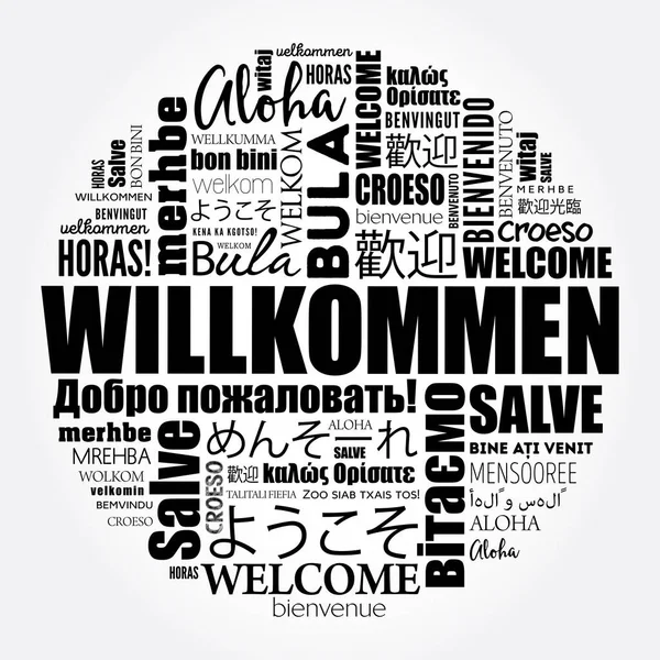 Willkommen Welcome Németül Szófelhő Különböző Nyelveken Fogalmi Háttér — Stock Vector