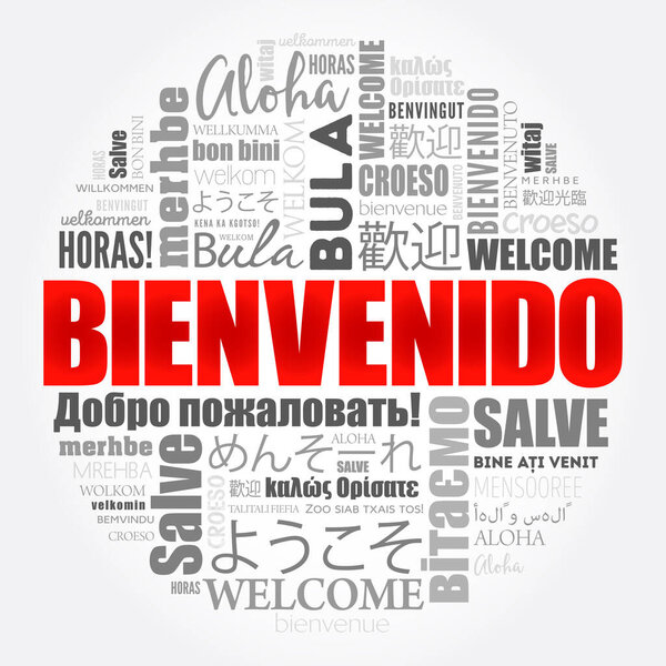 Bienvenido (Welcome in Spanish) word cloud in different languages, conceptual background