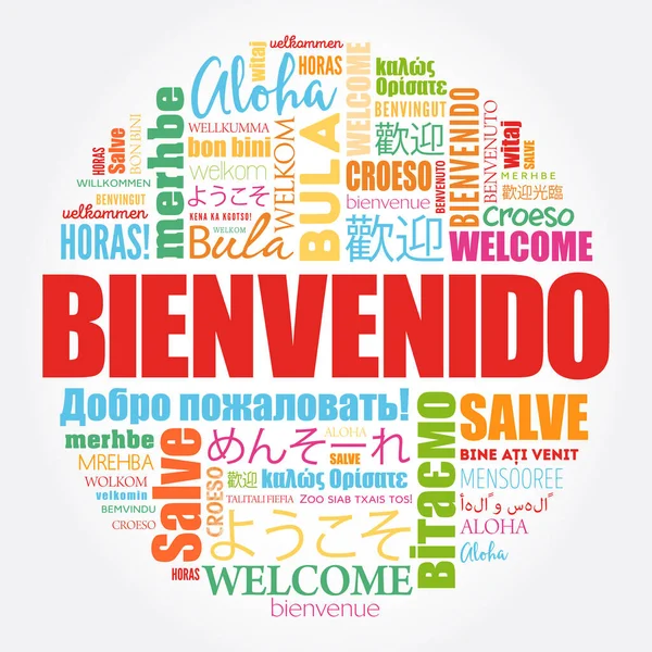 Bienvenido Welkom Het Spaans Woordwolk Verschillende Talen Conceptuele Achtergrond — Stockvector