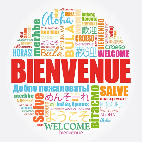 Bienvenue Welcome French Nuvem Palavras Diferentes Idiomas Fundo Conceitual — Vetor de Stock