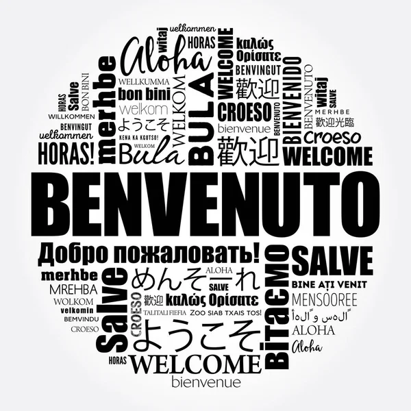 Benvenuto Üdvözöljük Olaszul Szófelhő Különböző Nyelveken Fogalmi Háttér — Stock Vector