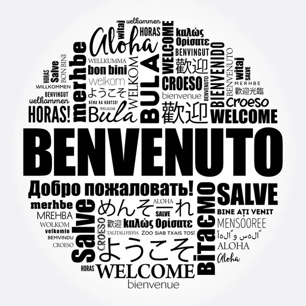 Benvenuto Bienvenido Italiano Nube Palabras Diferentes Idiomas Fondo Conceptual — Archivo Imágenes Vectoriales