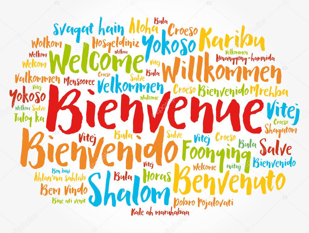 Bienvenue (Welcome in French) word cloud in different languages, conceptual background