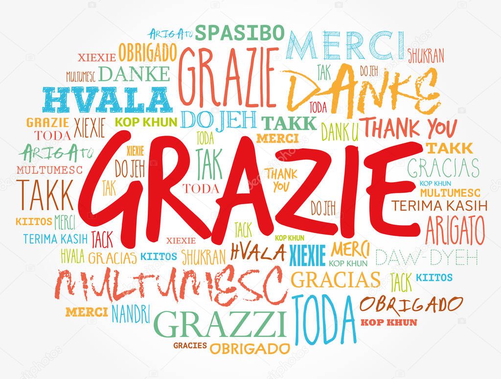 Grazie (Thank You in Italian) word cloud background in different languages