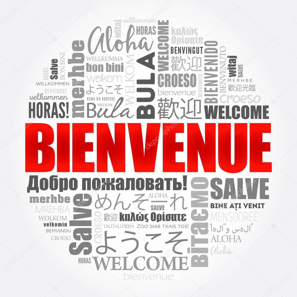 Bienvenue (Welcome in French) word cloud in different languages, conceptual background