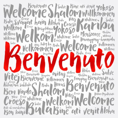 Benvenuto (İtalyanca Hoşgeldiniz) kelime bulutu farklı dillerde, kavramsal arka planda