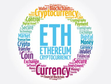 TH veya Ethereum şifreleme madeni para kelime bulut kolajı, iş konsepti arka plan