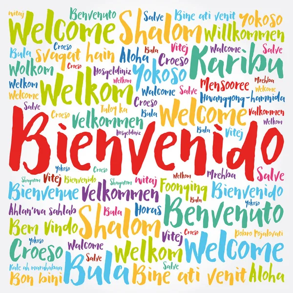 Bienvenido Welcome Spanish Word Cloud Dalam Berbagai Bahasa Latar Belakang - Stok Vektor