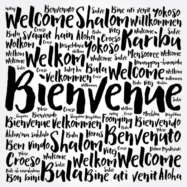 Bienvenue Willkommen Auf Französisch Wortwolke Verschiedenen Sprachen Konzeptioneller Hintergrund — Stockvektor
