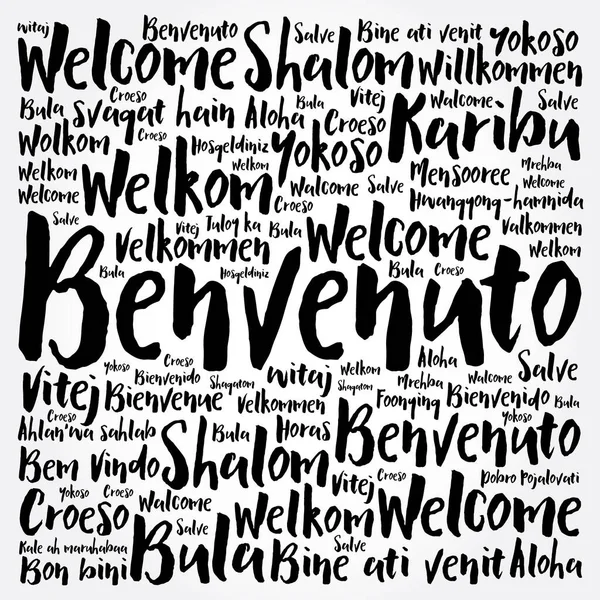 Benvenuto Willkommen Auf Italienisch Wortwolke Verschiedenen Sprachen Konzeptioneller Hintergrund — Stockvektor
