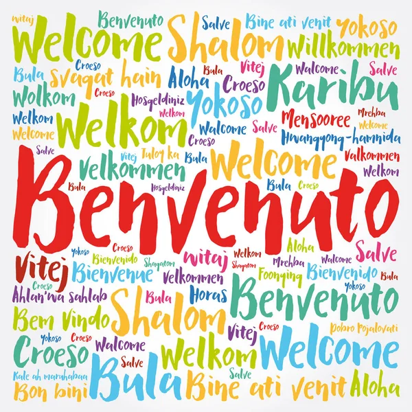 Benvenuto Welcome Italian Nuvem Palavras Diferentes Idiomas Fundo Conceitual — Vetor de Stock