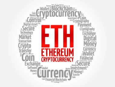 TH veya Ethereum şifreleme madeni para kelime bulut kolajı, iş konsepti arka plan