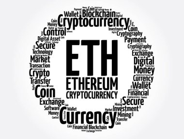 TH veya Ethereum şifreleme madeni para kelime bulut kolajı, iş konsepti arka plan