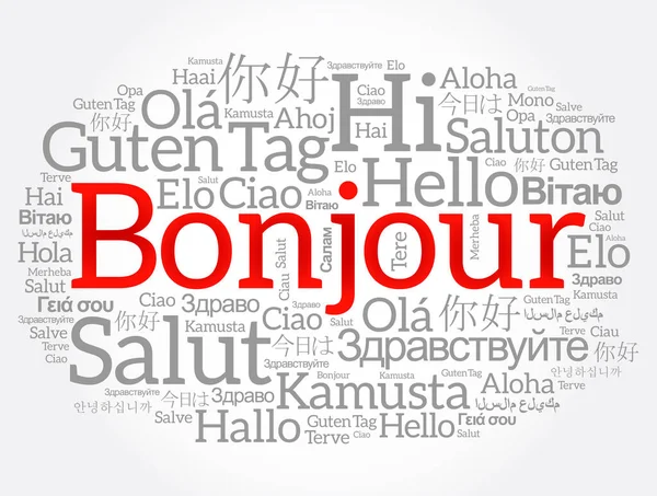 Bonjour Hello Greeting French Word Cloud Different Languages World — Stock Vector