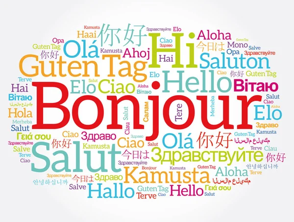 Bonjour Hello Greeting Francés Nube Palabras Diferentes Idiomas Del Mundo — Archivo Imágenes Vectoriales