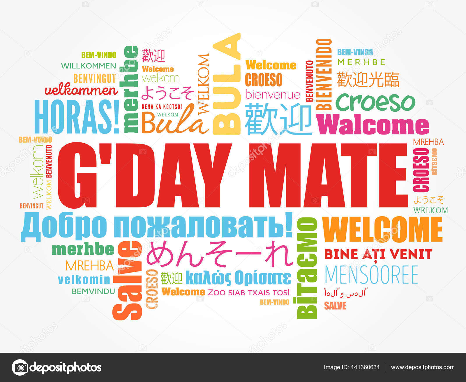G'day Mate Australian Word Cloud Different Languages Conceptual Background Stock Vector