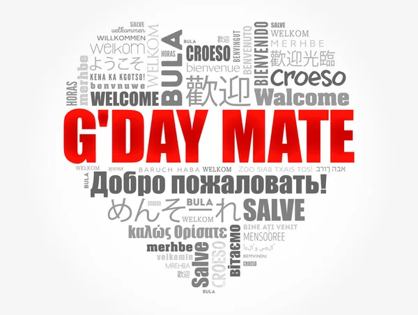 Day Mate Welkom Australische Woord Wolk Verschillende Talen Conceptuele Achtergrond — Stockvector