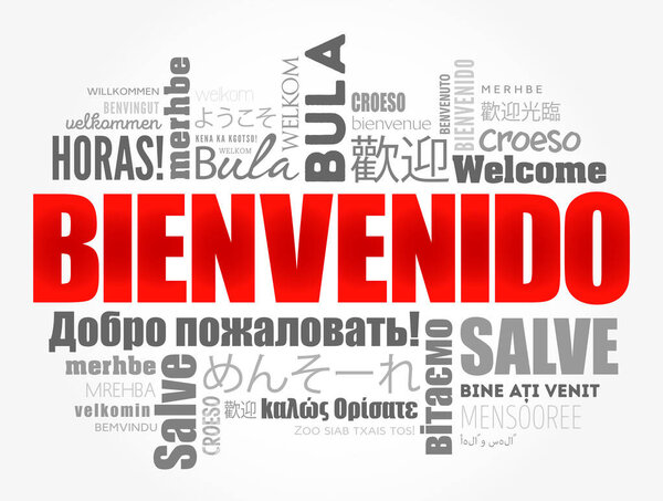 Bienvenido , Welcome in Spanish, word cloud in different languages, conceptual background