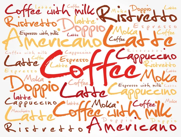 Lijst Van Koffie Drankjes Woorden Wolk Collage Poster Achtergrond — Stockvector