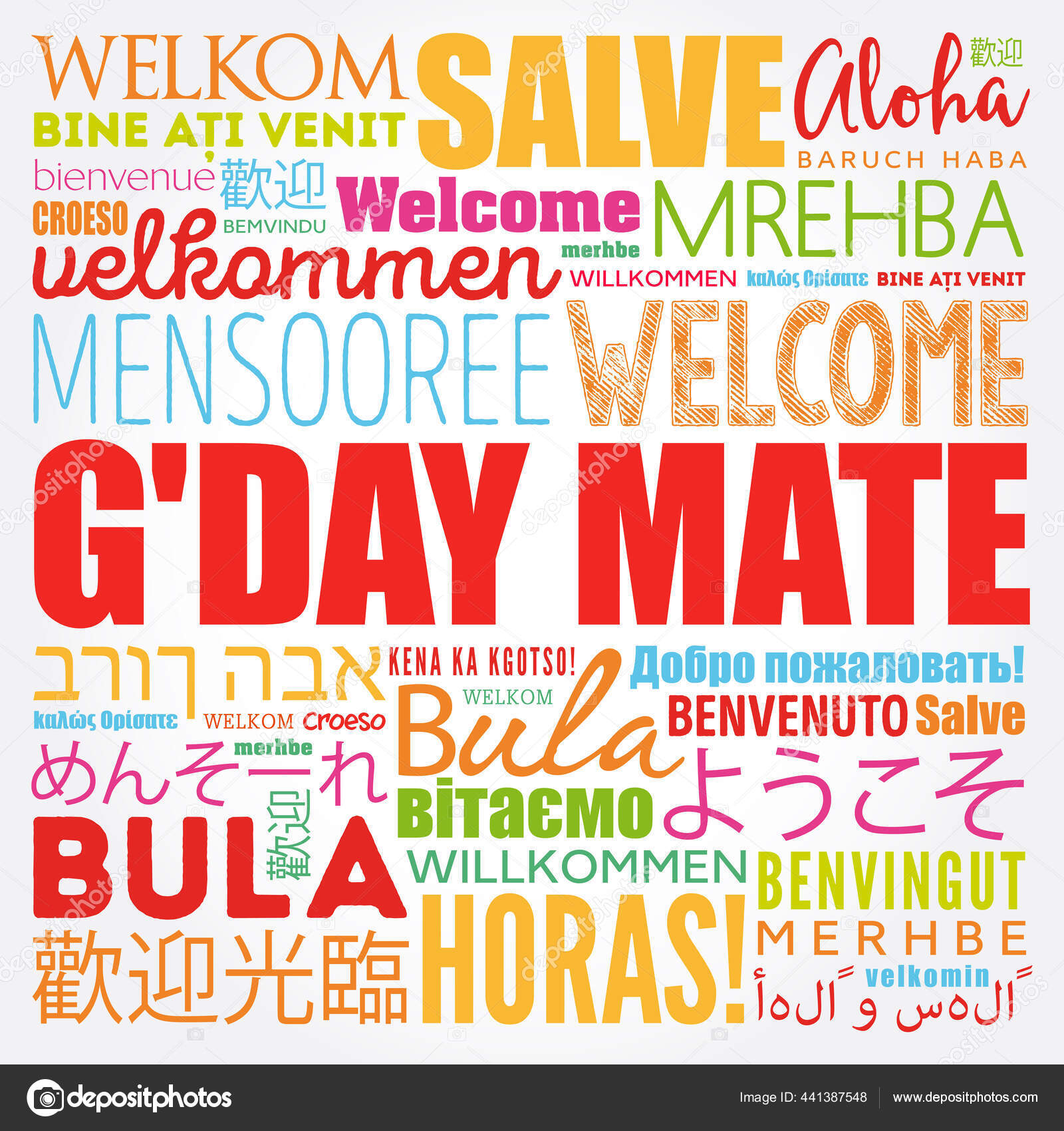 G'day Mate Australian Word Cloud Different Languages Conceptual Background Stock Vector
