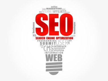 SEO (Arama Motoru İyimsemesi) ampul kelime bulutu, teknoloji kavramı arkaplan