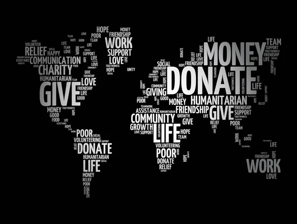 Donasikan Kata Awan Dalam Bentuk Peta Dunia Konsep Sosial Backgroun - Stok Vektor