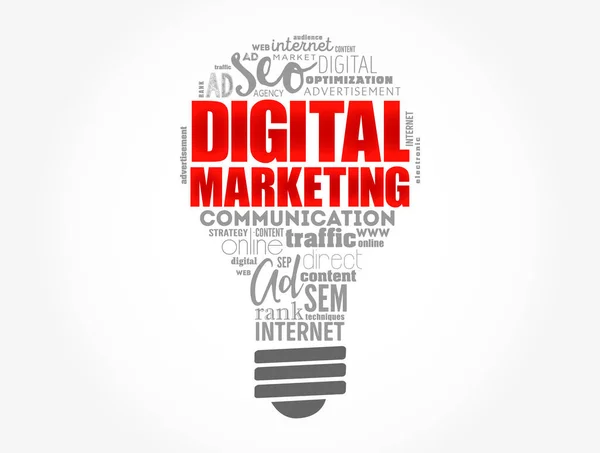 Digital Marketing Φως Λαμπτήρα Λέξη Σύννεφο Επιχειρηματική Ιδέα Backgroun — Διανυσματικό Αρχείο