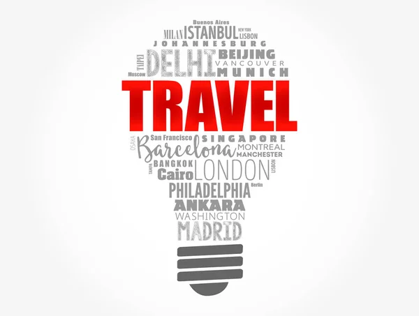 Travel Light Bulb Word Cloud Made Words Cities Names Concept — Stock Vector