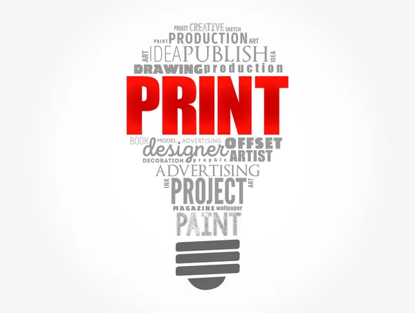 Print Φως Λαμπτήρα Λέξη Σύννεφο Δημιουργική Επιχειρηματική Ιδέα Φόντο — Διανυσματικό Αρχείο