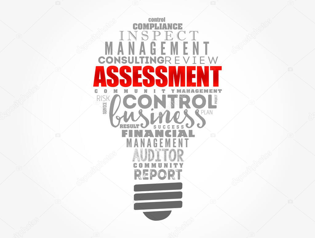 ASSESSMENT light bulb word cloud collage, business concept background