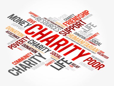 Hayırseverlik kelimesi bulut kolajı, iş konsepti geçmişi