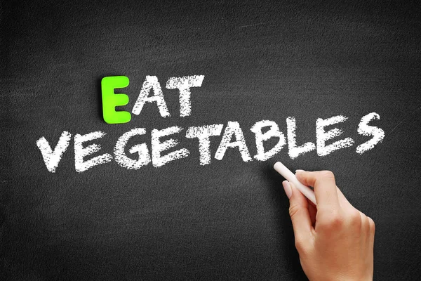 Escritura Mano Comer Verduras Pizarra Concepto Fondo — Foto de Stock