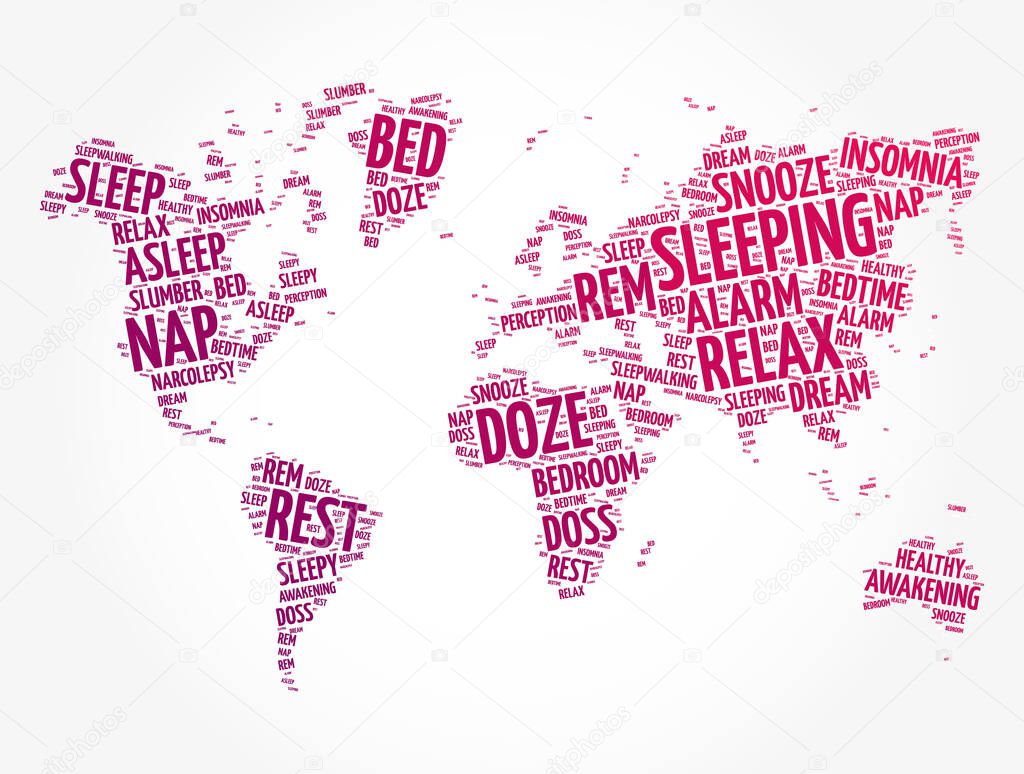 Sleeping word cloud in shape of world map, concept backgroun