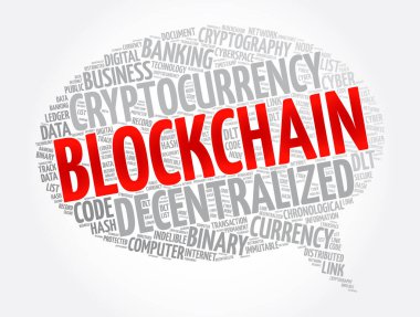 Blockchain mesaj baloncuk kelime bulut kolajı, teknoloji konsepti arka plan