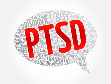 PTSD - Travma Sonrası Stres Bozukluğu Mesaj baloncuğu kelime kolajı, sağlık konsepti geçmişi