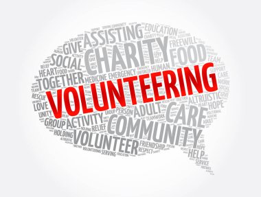 Gönüllü mesaj balonu kelime bulut kolajı, kavram arka planı