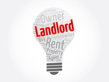 Ev sahibi ampul kelime bulut kolajı, kavram arka planı