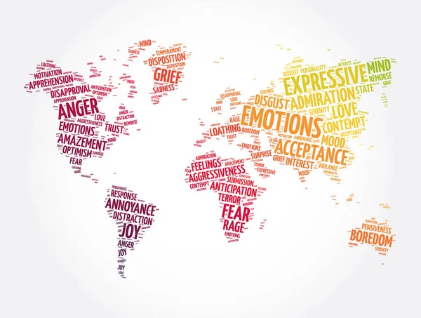 Emotions Word Cloud Shape World Map Concept Background — Stock Vector