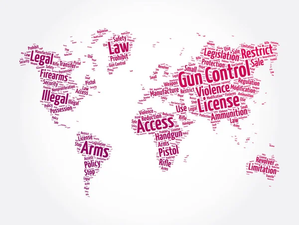 世界地图形状的枪支控制词云 概念背景 — 图库矢量图片