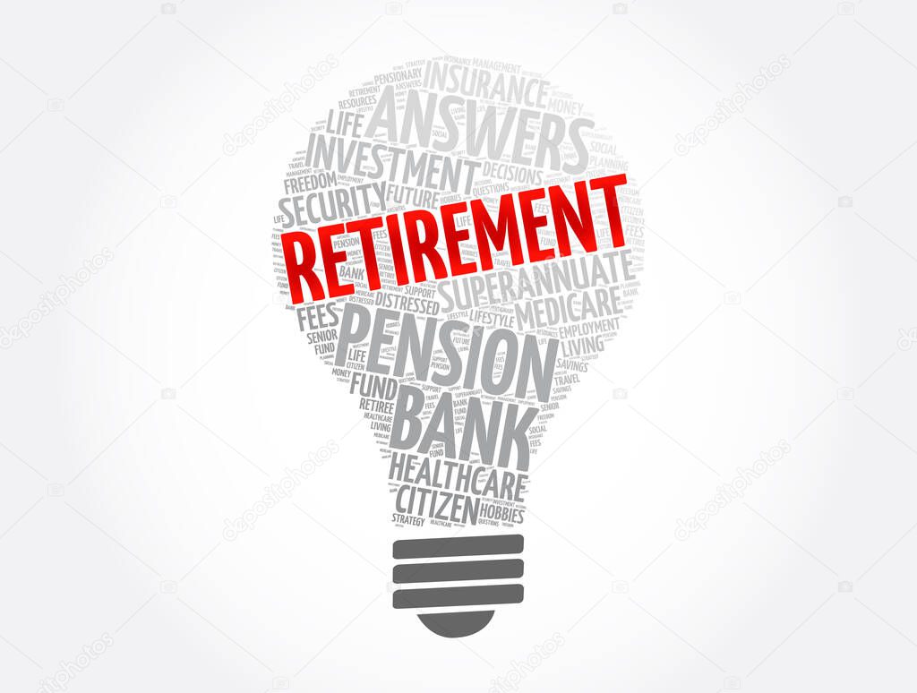 Retirement light bulb word cloud collage, concept background