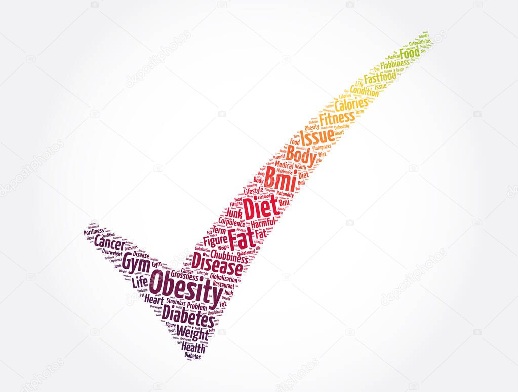 Obesity check mark word cloud collage, health concept backgroun