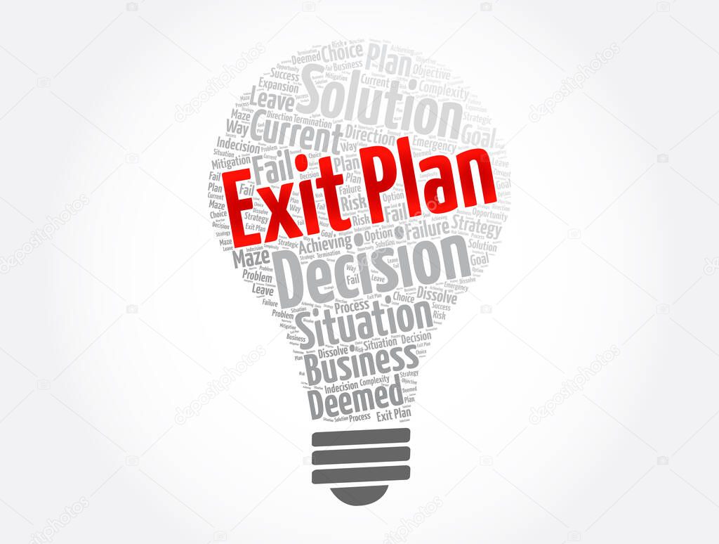 Exit Plan light bulb word cloud collage, business concept background