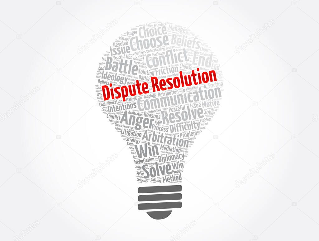 Dispute Resolution light bulb word cloud collage, concept background