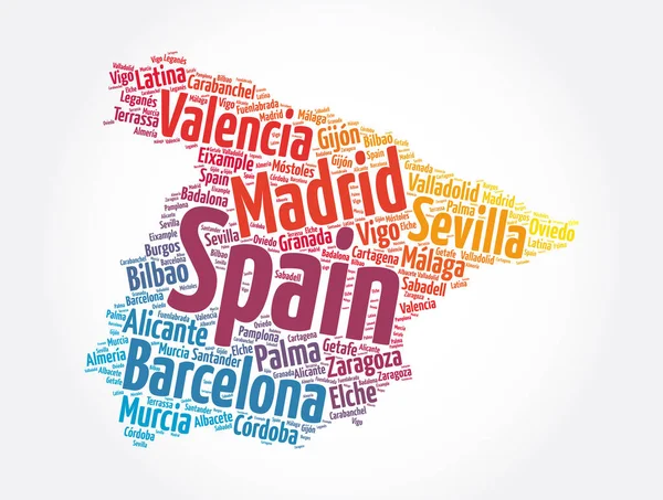 Lista Cidades Vilas Espanha Mapa Word Cloud Collage Business Travel —  Vetores de Stock