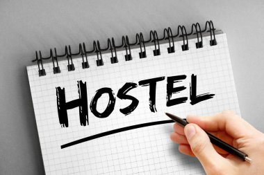 Not defterindeki hostel metni, konsept arkaplan