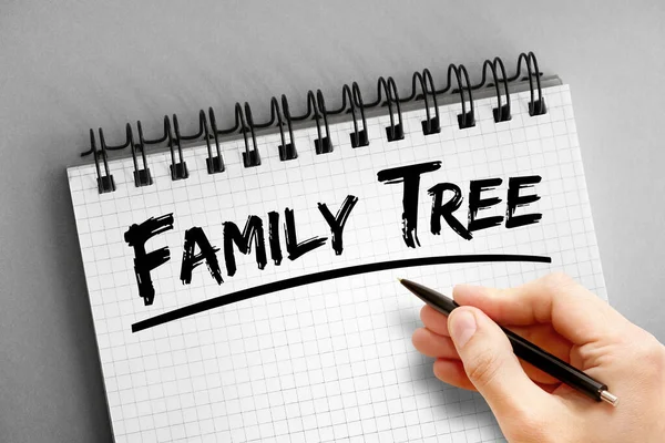 Οικογενειακό Κείμενο Δέντρου Στο Σημειωματάριο Φόντο Έννοια — Φωτογραφία Αρχείου